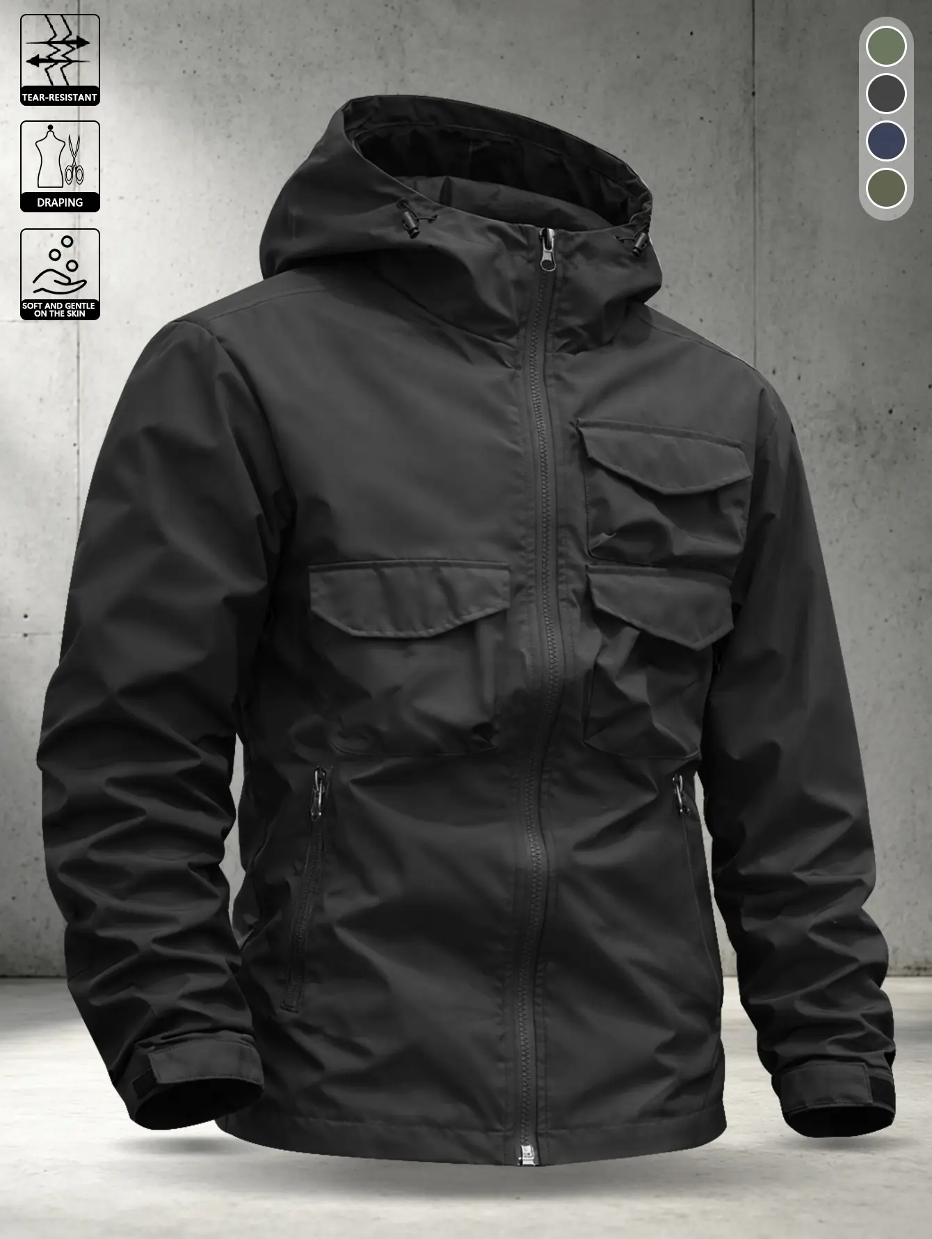 Men’s spring/autumn solid-color utility hooded functional jacket, slightly relaxed fit, elastic cuffs with Velcro closure, full zip windproof front, suitable for urban exploration, short trips, and teen styling.