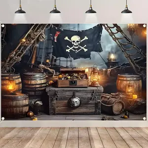 Trend Pirate Theme Backdrop Banner, Treasure Chest Skull Flag Pirate Ship Decorations, Durable Polyester Fabric Photo Booth Prop, Reusable Easy to Clean, Perfect for Kids Birthday, Pirate Party, Cosplay Event, Home Decor, Gift for Pirate Enthusiasts