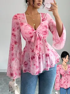 New Women's Floral Print Mesh Transparent Bell Sleeve Front Bow Design Casual Elegant Ladies T-Shirt, Loose-Fitting, Letter Pattern, Blouse