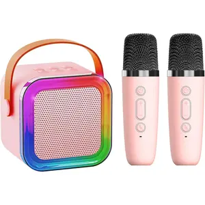 Mini Karaoke Machine for Kids & Adults Portable Bluetooth Speaker with 2 Wireless Microphones Voice Changing LED Lights Perfect for Parties & Gatherings Pink 2 Mic