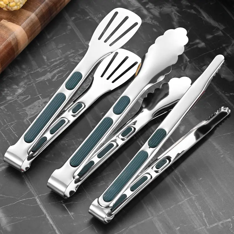 3Pcs High Quality Stainless Steel Food Tongs with heat-resistant silicone handles. Great for BBQ, steak frying, buffet service and daily kitchen cooking, durable and practical for multiple uses.