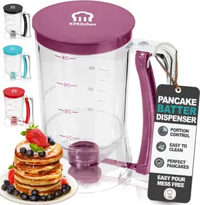 Pancake Batter Dispenser - Kitchen Must Have Tool for Perfect Pancakes, Cupcake, Waffle, Muffin Mix, Cake & Crepe - Baking Supplies for Griddle - Pancake Maker with Measuring Label (Purple)