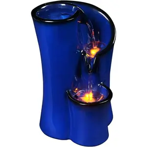 Indoor Fountain Imitation Ceramics Appearance Tabletop Relaxation Desktop Waterfall w/ 3 led, 9.8 Inch Tall (Blue)