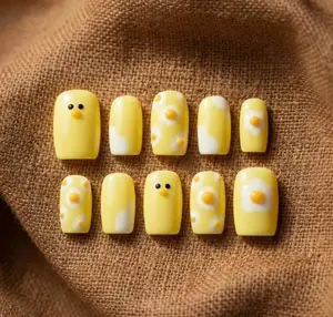 Funny Chick Press On Nails, Yellow 3D Egg Art, Spring Kawaii Manicure Set