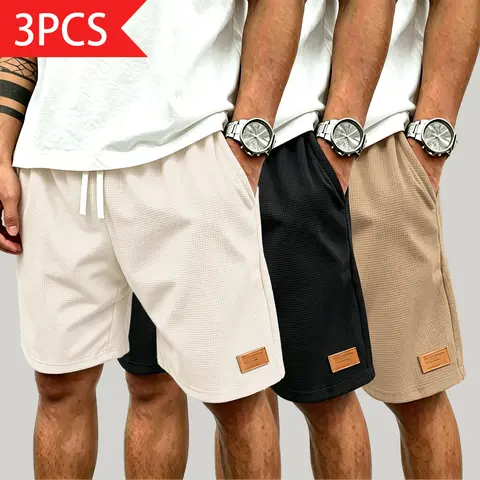 Men's Waffle Knit Casual Loose Straight Fit Shorts - Breathable, Lightweight Menswear Bottoms with Elastic Drawstring Waist for Summer Wardrobe Enhancement