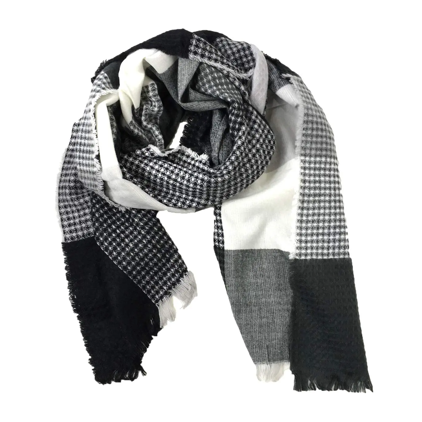 Fashion Culture Women's Oversized Plaid Colorblock Waffle Knit Blanket Scarf (Black/Grey)