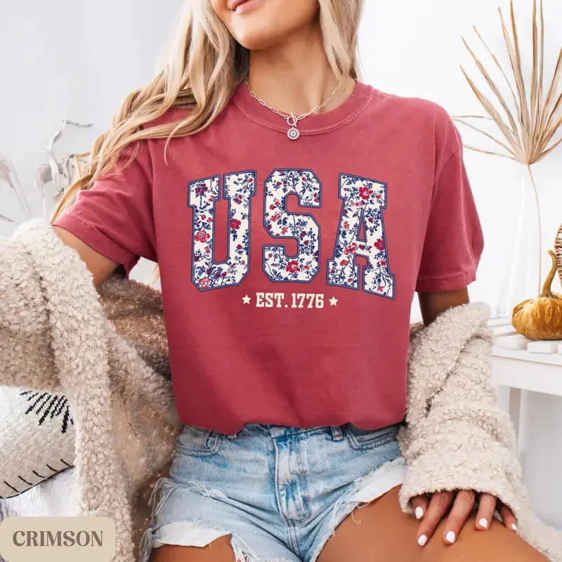 Comfort Colors USA Shirt, 4th of July shirt, floral USA tee, summer patriotic shirt for women, America est 1776 shirt, red white blue shirt
