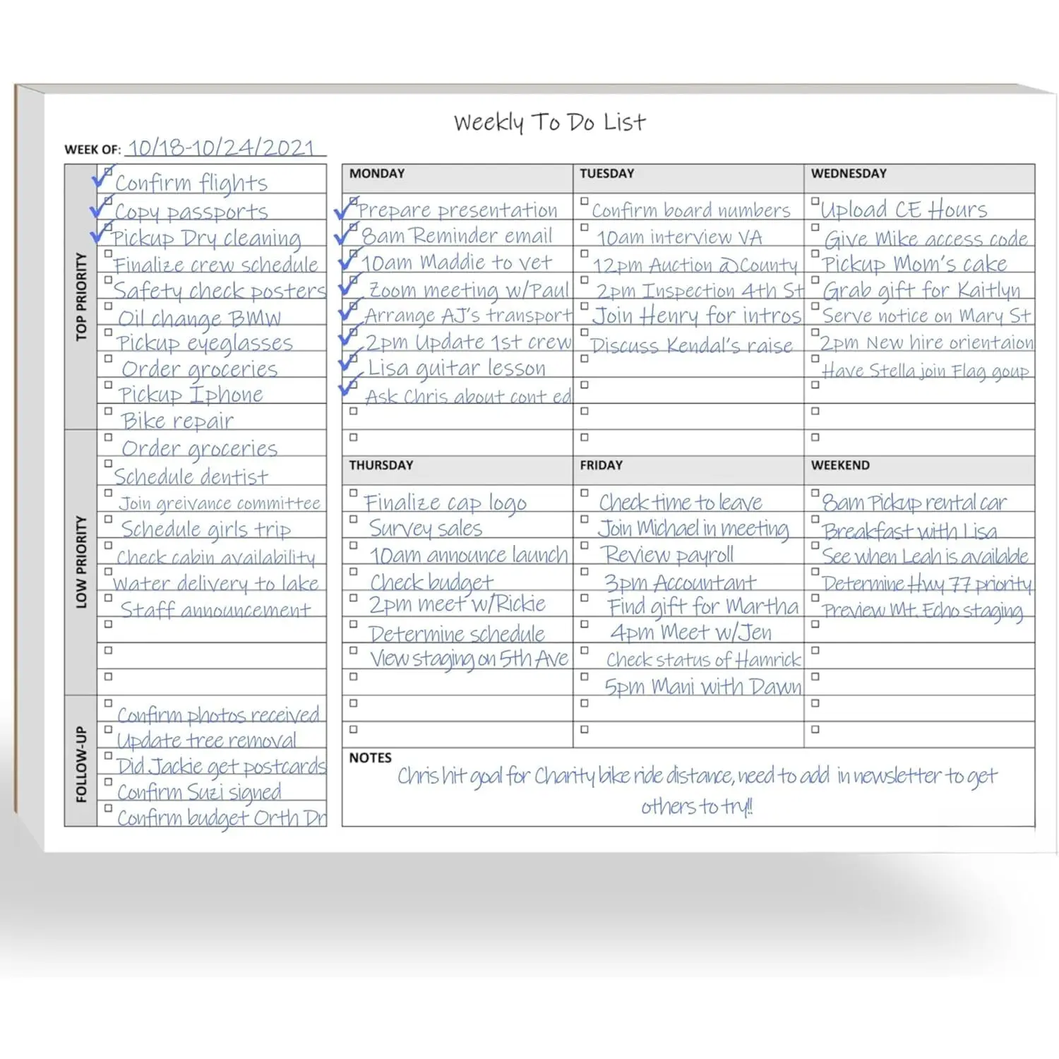 Weekly  Notepad, 60 Page Task Planning Pad w/Daily Checklist, Priority Todo Checkbox & Notes. Desk Notebook to Organize Office 11 X 8.5