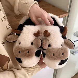 Women's Fluffy Plush Cotton Slide Shoes, Non-Slip Sole Cute Cartoon Cow Warm Footwear for Winter Home & Kitchen, Sports & Outdoor Walking Shoes