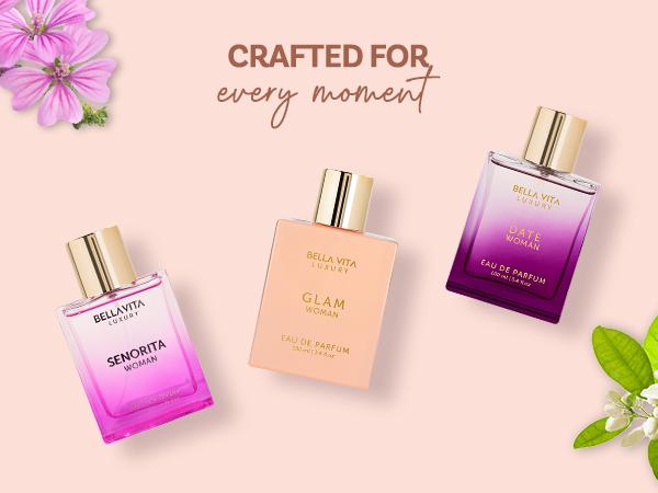 BellaVita Luxury's The Luxe Date Night Trio | Date, Senorita & Glam | Eau De Parfum (EDP) | Fruity, Floral & Spicy Fragrances | Long Lasting Perfumes for Women | Premium Gift Set | Ideal for All Occasions