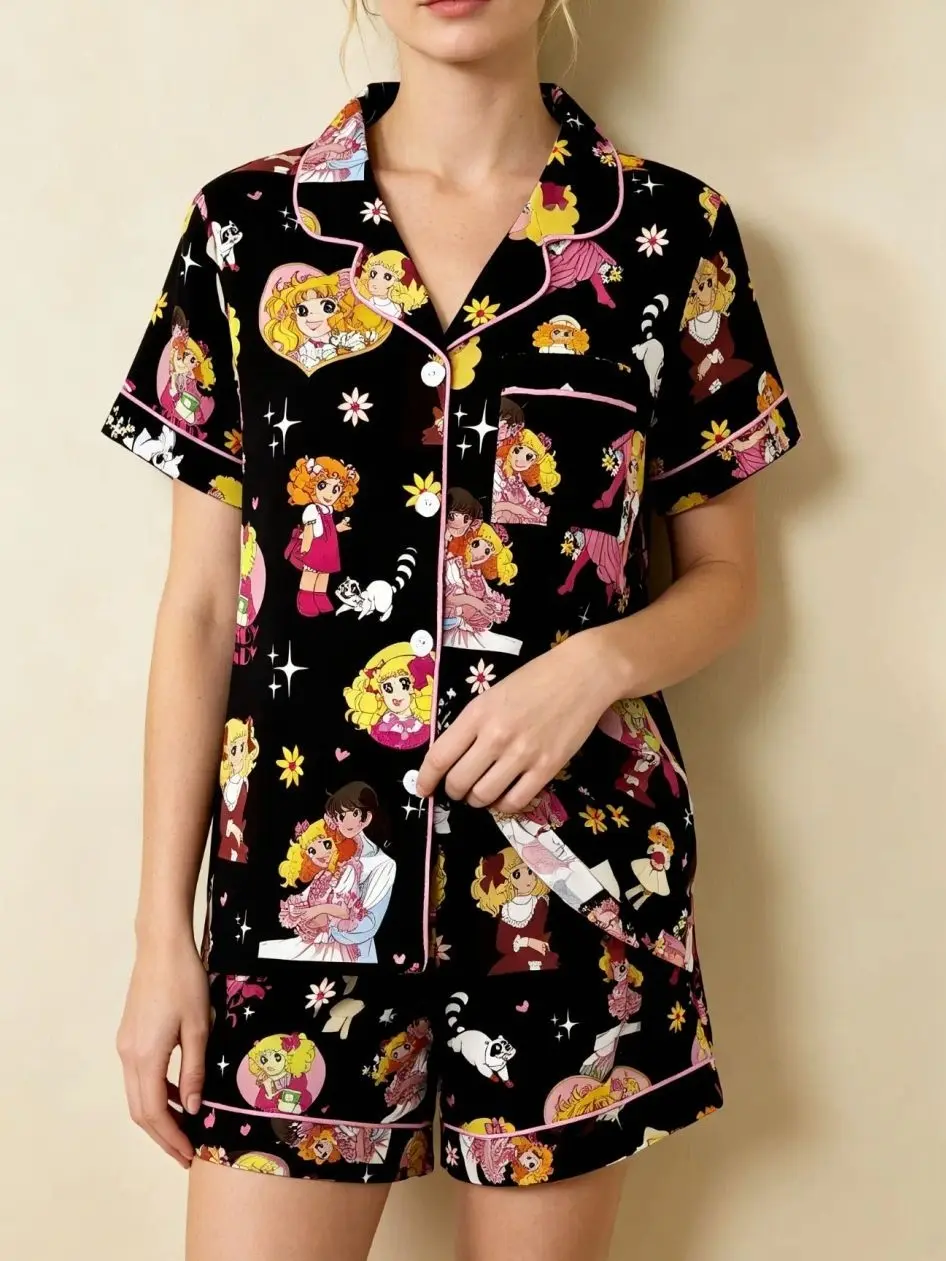 Cartoon Girl Anime Print Women's Pajama Set, Comfortable Wear-Outside Sleepwear, Short Sleeve Button-Up Top and Elastic Shorts, Casual Home