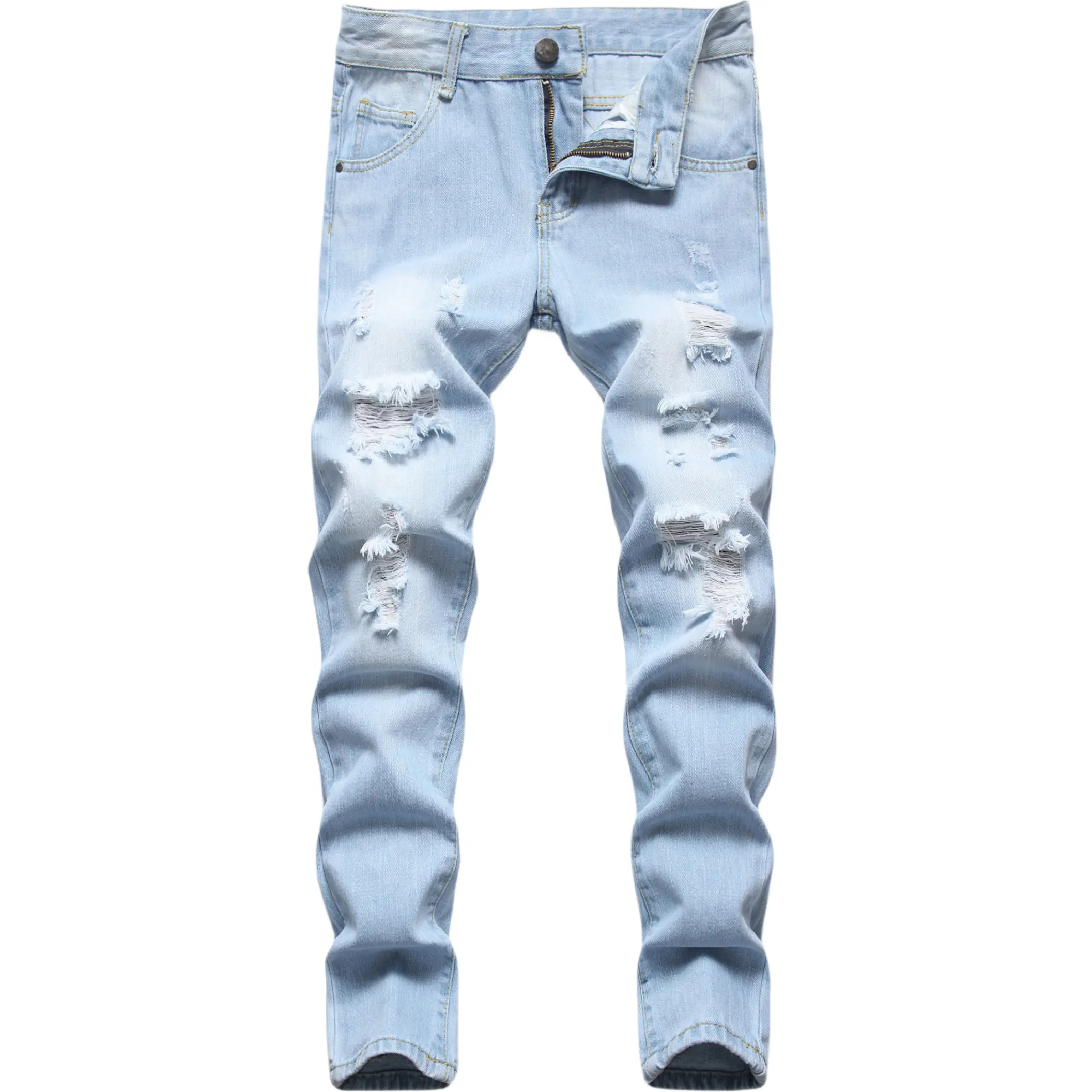 Boys' Street Style Skinny Jeans, Distressed Denim with Hand-Ripped Destroyed Holes, Comfortable Zip Fly for Daily Casual Fashion, Destroyed Hole Jeans, Clothes, Kids Clothing Boys, High-Quality Denim, Streetwear, Skinny Fit, Jeans Pants