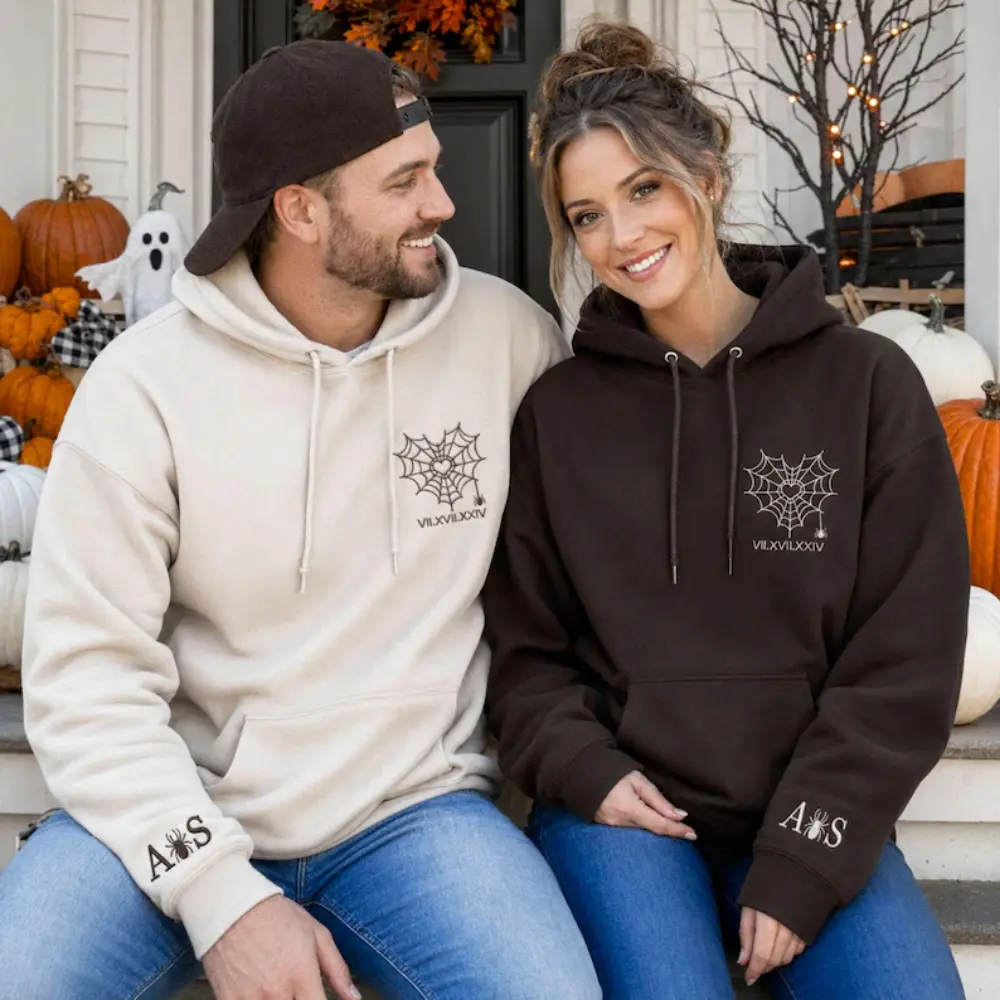 Personalized Matching Couple Hoodies, Embroidered Spider Web Heart Hoodie with Initial, Custom Couple Sweatshirt for Him and Her, Halloween Gift, Anniversary Gift, Romantic Matching Outfit