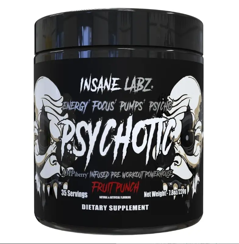 Insane Labz Psychotic Black Edition Mid Stimulant Pre Workout Powder, Energy Focus Pumps, Loaded with Creatine Beta Alanine Taurine Fueled by AMPiberry, 35 Servings (Fruit Punch)