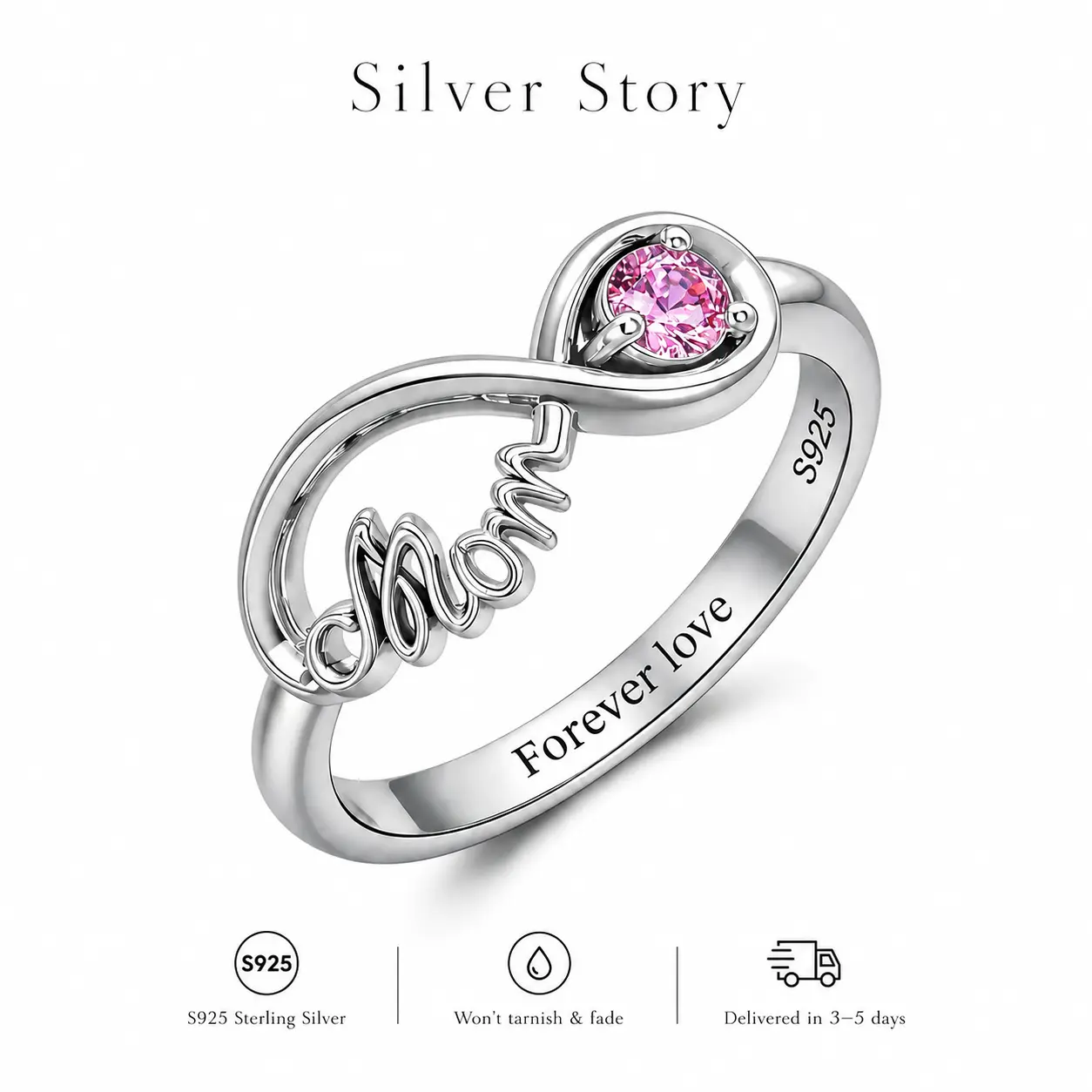 S925 Sterling Silver Mom Heart Ring for Women, Pink Heart Birthstone Ring, Forever Love Engraved Promise Ring, Mothers Day Gift for Mom, Wife, Daughter, Adjustable Ring