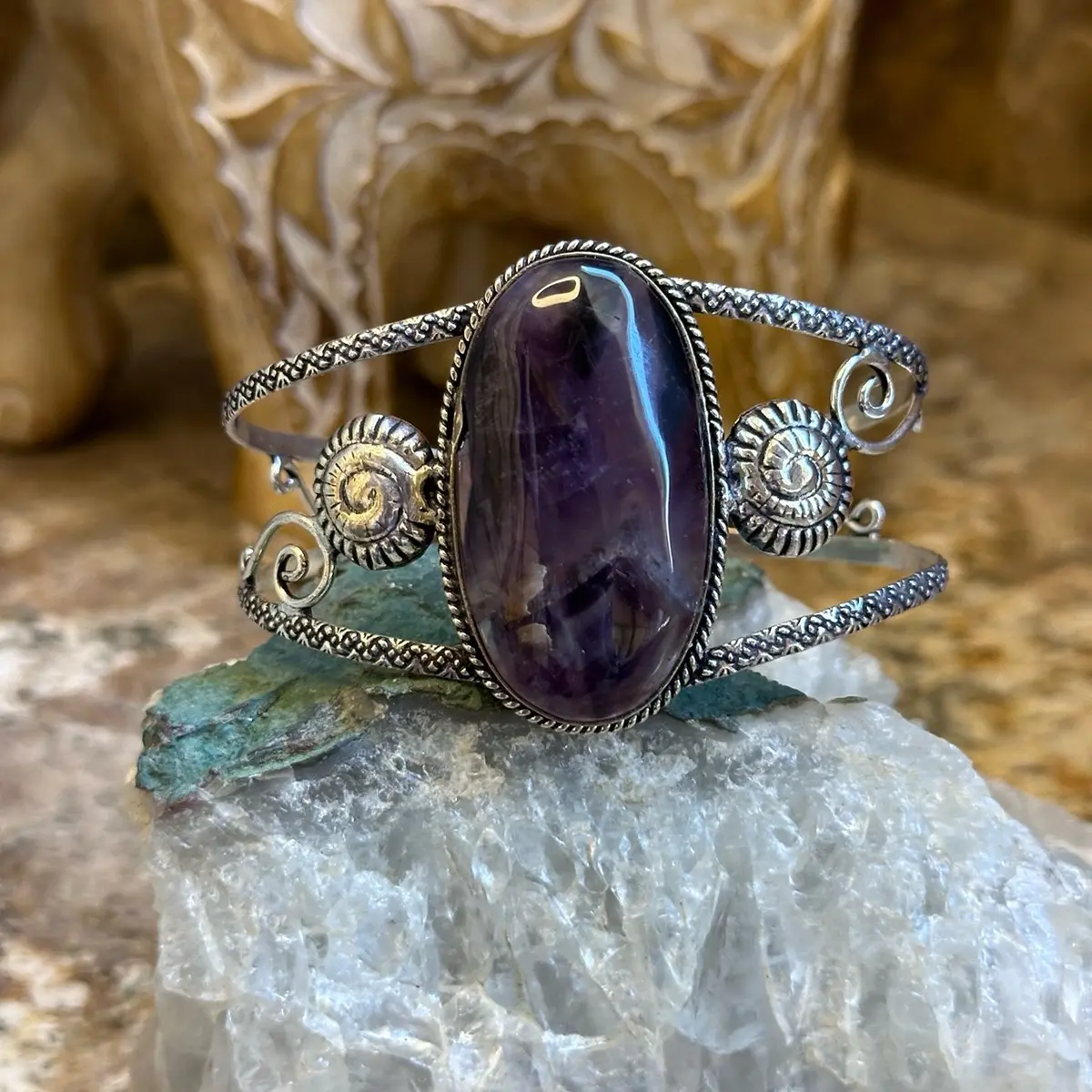 Huge Silver Amethyst Stone Cuff Bracelet