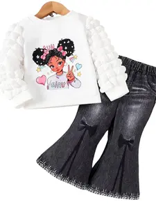 Baby Girls' Anime Print Sweatshirt & Black Faux Denim Pants 2-Piece Set, perfect for home leisure, outings and sports, Baby Girl Clothes