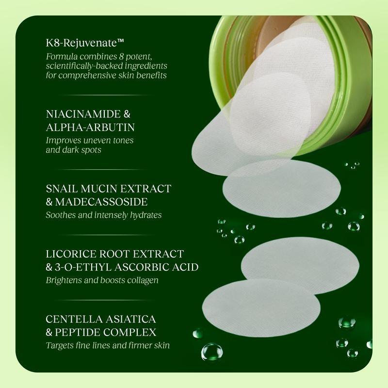 Jiyu Korean Skincare Anti-Aging Dark Spot Wrinkle Minimizing Toner Pads with Snail Mucin Centella Asiatica Niacinamide Peptide Complex 100 ct Daily Use