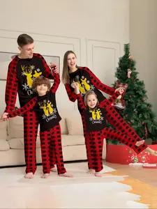 Christmas Plaid Deer Family Pajamas, Soft Stretch Fabric, Casual Fall & Winter Sleepwear, Unisex Adult and Kids