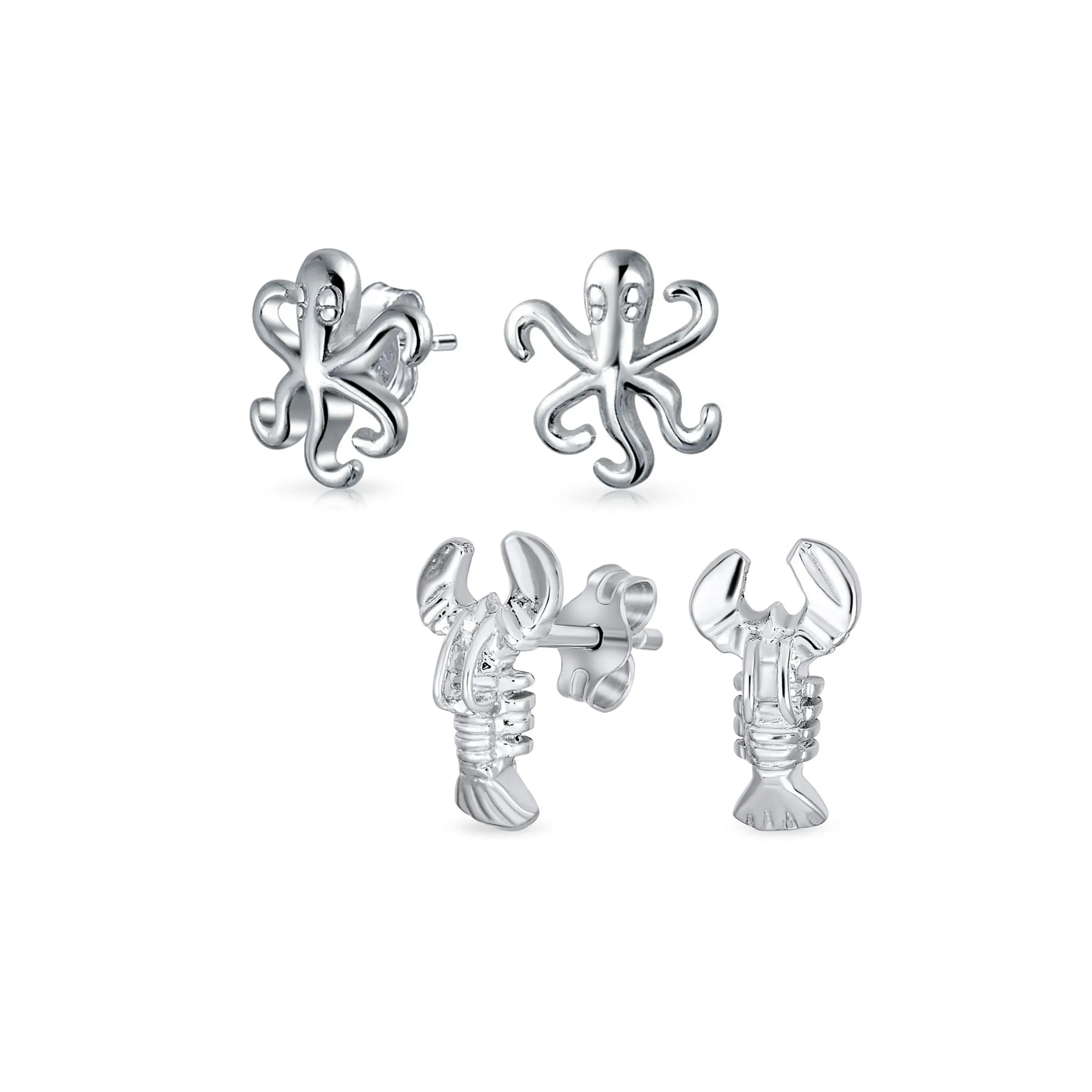 Nautical Sea Creature Squid Octopus Stud Earrings 925 Sterling Silver 2-Set