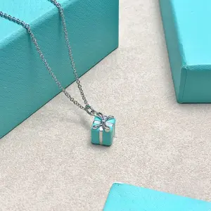 Light Blue Gift Box Pendant Necklace - A Tiny Wearable Surprise, Cute Enamel Present Charm with Silver Tone Chain, Sweet & Romantic Vibe, Perfect Symbol of Love & Thoughtfulness, Great Gift for Girlfriend, Bestie, Mom on Any Occasion, Trendy Aesthetic