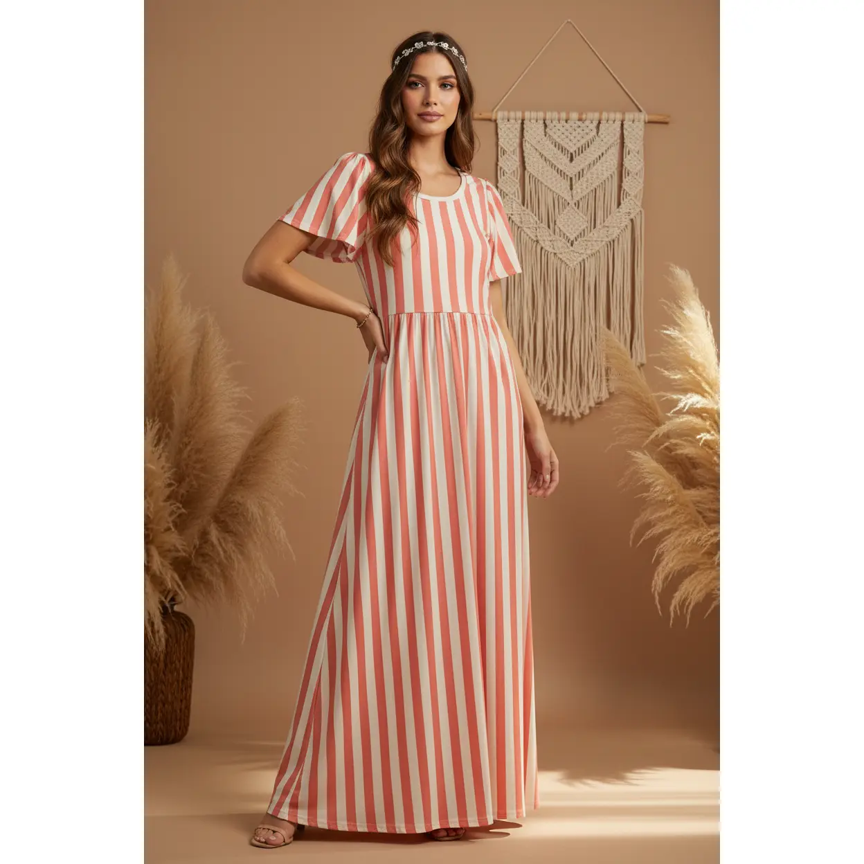 LuLaRoe Riley Women's Casual Striped Polyester Blend Midi Dress with an Empire Waist, Split Sleeves, and Shirred Skirt, Lady, Casual Wear, Clothes, Midi Length, Elegant, Empire Waist Casual Dresses