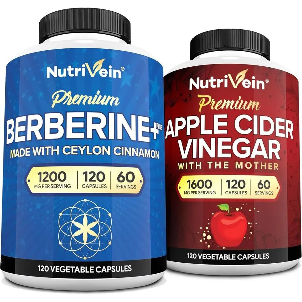 Nutrivein, Apple Cider Vinegar & Berberine Capsules Bundle, Digestive & Metabolic Support Supplement, Vegan Daily Wellness Formula, 240 Capsules Total, 2 x 120 Capsules