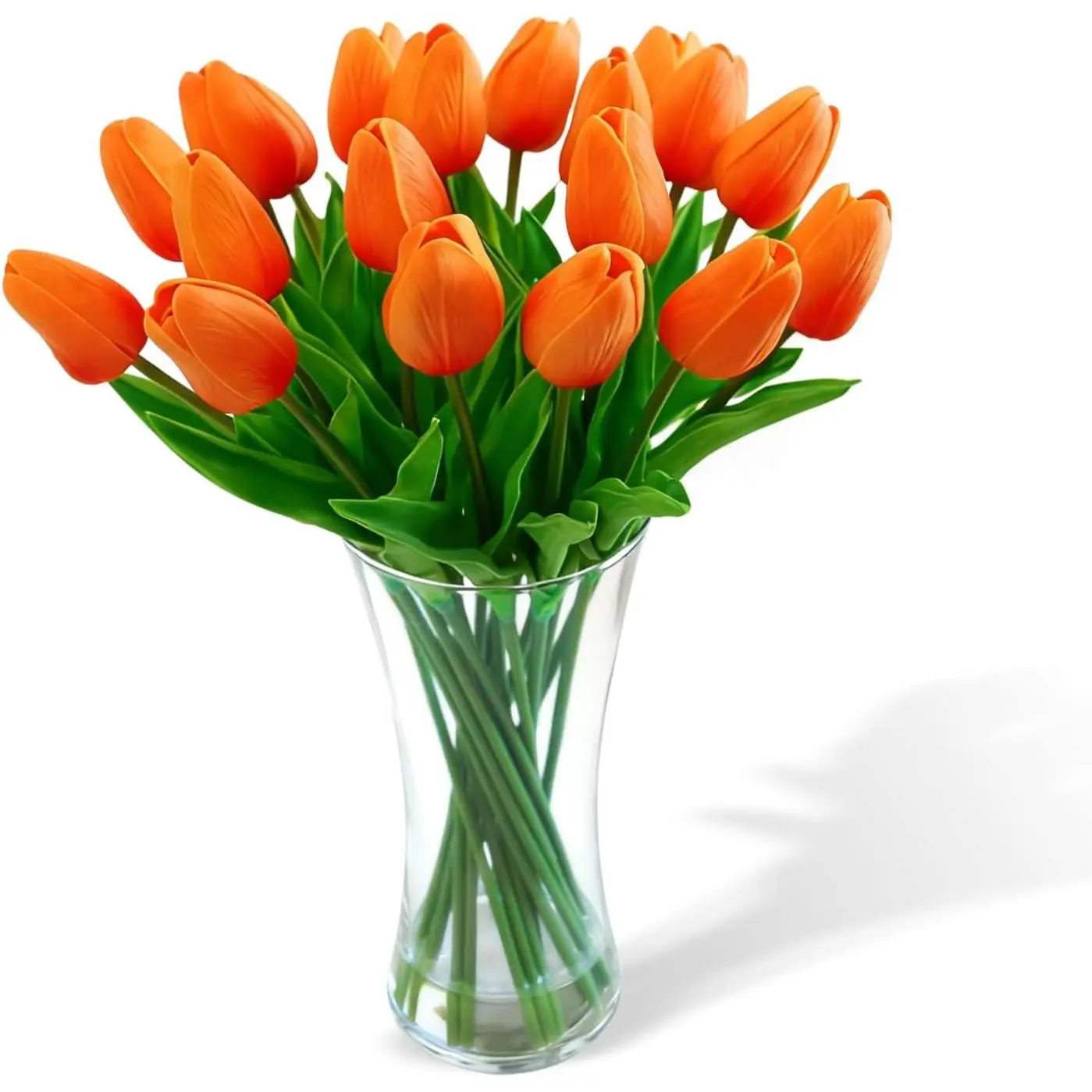 20-Piece Real Touch Artificial Tulips in Glass Vase with Faux Water - Lifelike Silk Flower Arrangement for Home, Office, Table Decor (Orange)