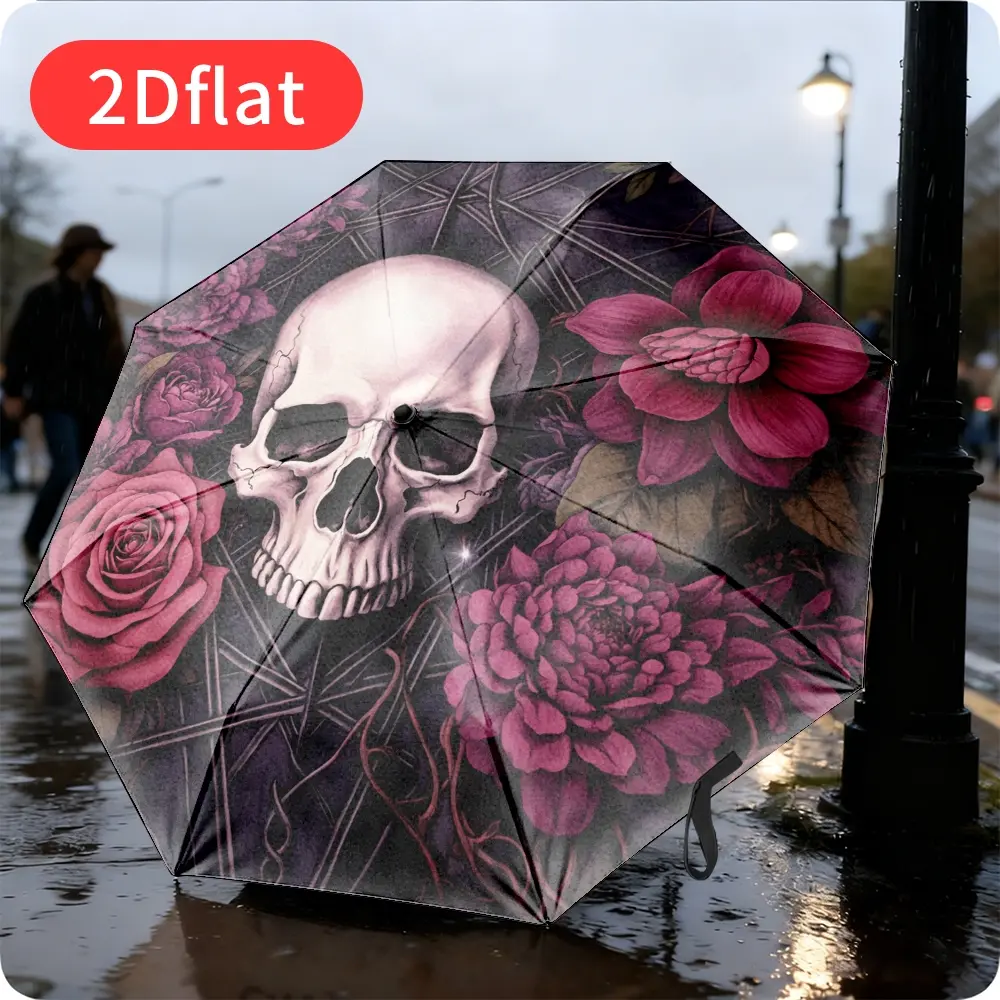 1 Automatic Folding Umbrella with Rose and Skull Design – 8-Rib Compact Structure, Black and Purple Floral Pattern, Lightweight and Durable for Outdoor Use, Daily Commute, or Holiday Gifting; Compact Travel Accessory,