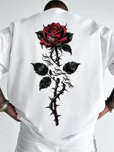 American Vintage Dark Rose Print Short Sleeve T-Shirt, Loose-Fit Breathable Casual Top, Men's Summer T-Shirt, Comfortable and Stylish