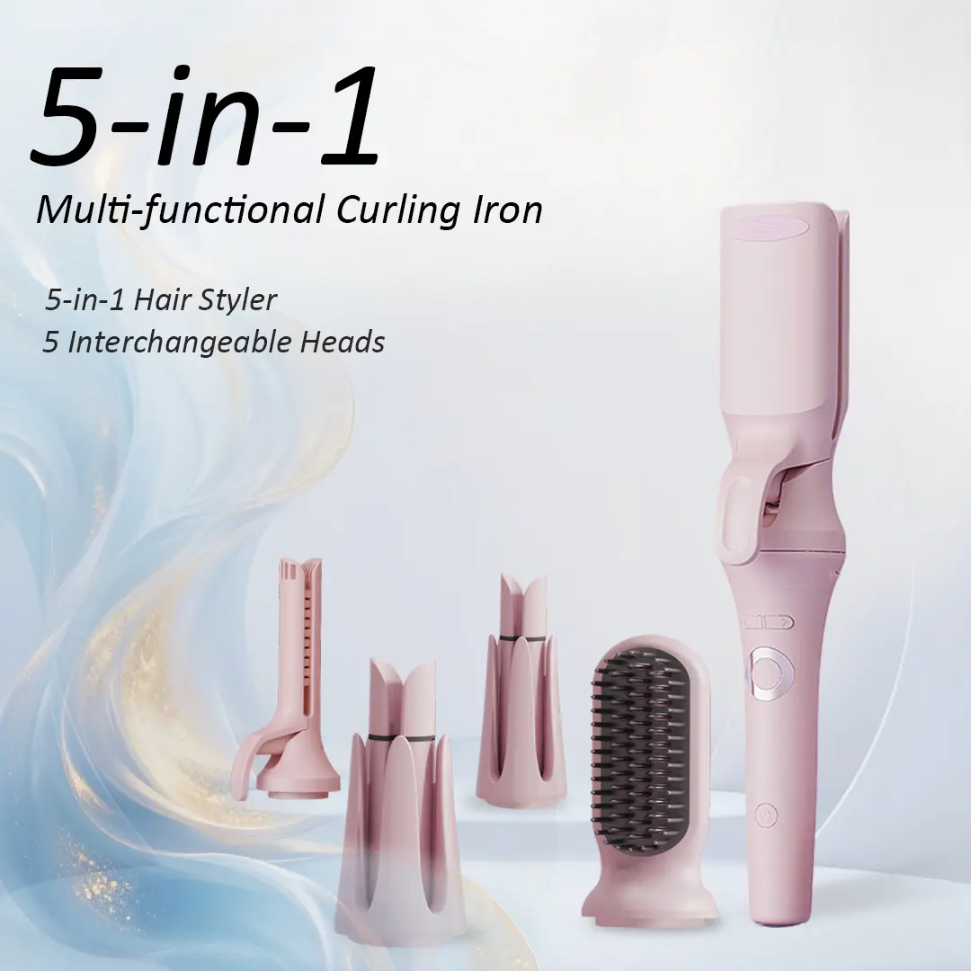 Automatic Curler 5-in-1 Curling Iron Set, 28mm & 32mm Curling Wands, Heated Comb Straightener, Hair Crimpers & Hairwaver for Hair Styling (Pink)