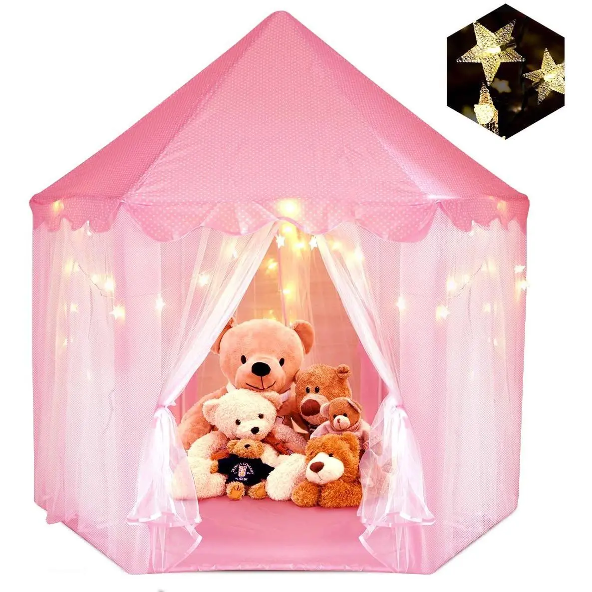 Outdoor Indoor Portable Folding Princess Castle Tent Kids Children Funny Play Fairy House Kids Play Tent(Warm LED Star Lights)