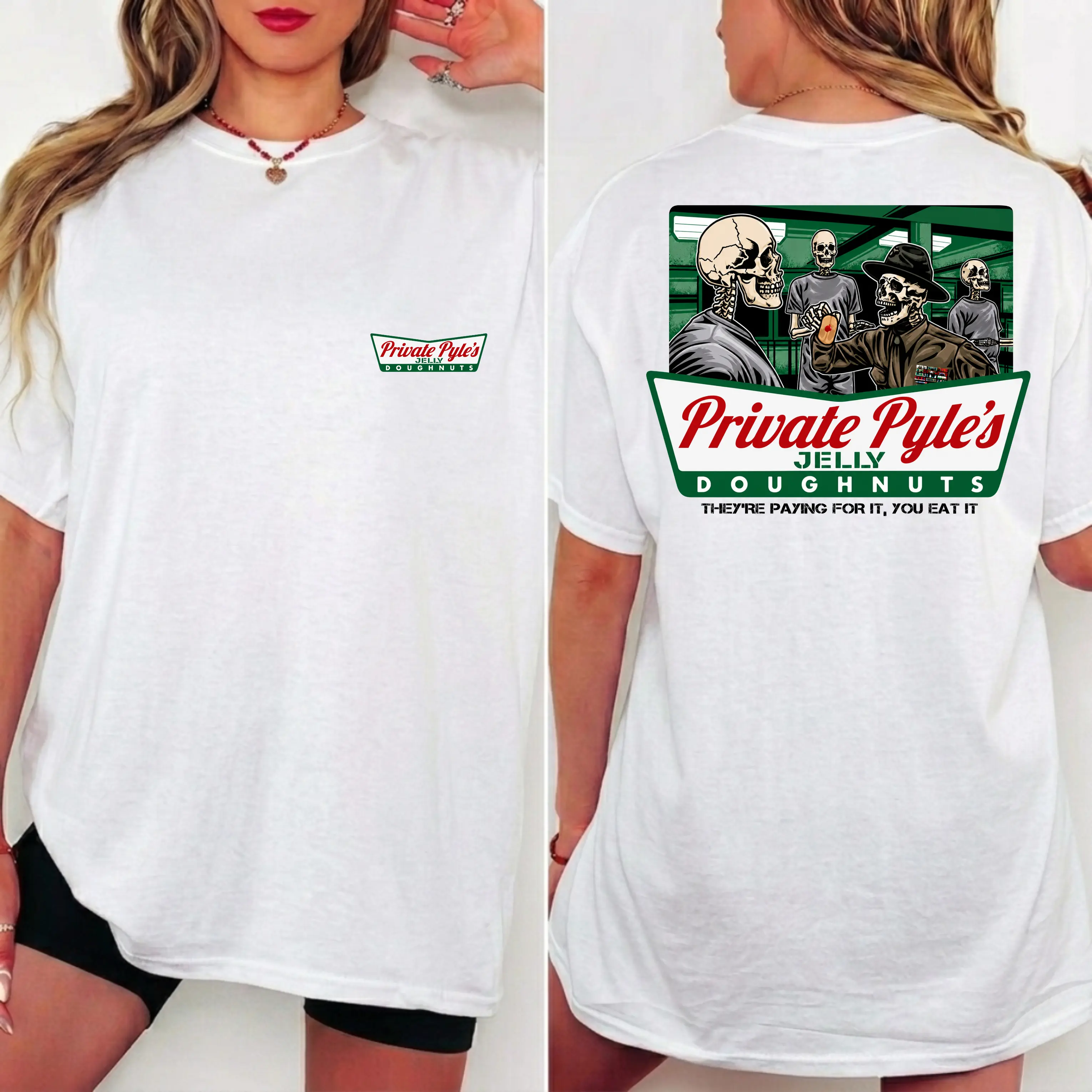 Private Pyle's Jelly Doughnuts - They are Paying For It, You Eat It Side Action Tee, Patriotic Military Graphic Tee, Perfect Gift for Veterans and Soldiers, Unisex Cotton Short Sleeve Shirt for Daily Wear, MADE IN USA