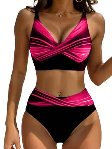 Women's Summer Beachwear Set, Sexy Striped Print Design, Cross-Belt Detailing, All-Season Wear, Trendy & Comfortable