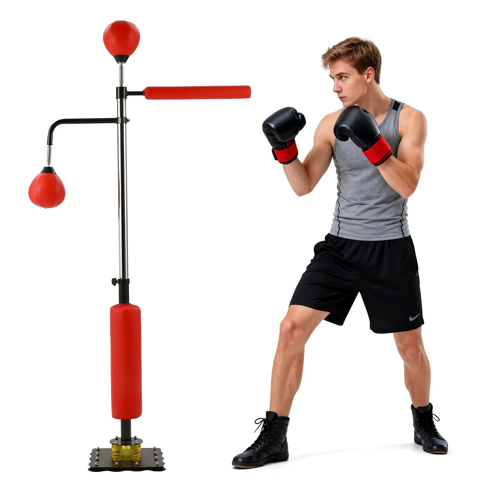 3-in-1 Adjustable Boxing Punching Bag Stand Only, Freestanding Trainer with Speed Ball and Rotating Reaction Bar, Heavy-Duty Steel Suction Base, Portable Design for Home Gym, Kids and Adults