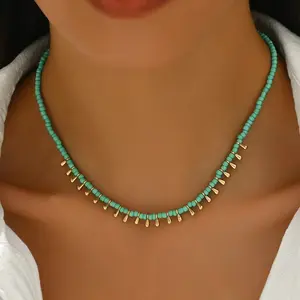 Bohemian Turquoise Beaded Choker Necklace for Women 14K Gold Plated Western Spike Turquoise Dainty Handmade Seed Bead Adjustable Stackable Boho Jewelry for Daily Wear & Gifts