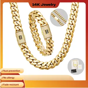 Set 14KGold-Plated Cuban Miami Style Necklace&Bracelet Combo Waterproof Rust-Proof"S" Logo Lock Perfect Gift for AnyOccasion.Waterproof, rustproof,hypoallergenic-the perfect Christmasgift for your loved ones.