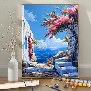 1PCS Seaside House with Blooming Flowers, 16x20 Inches - Unframed - Beginner-Friendly DIY Acrylic Painting - Paint by Numbers - Handmade Art Kit - Numbered Painting Kit - Paint by Number Coloring - Ideal for Home Wall Decor and Gifts - Frame Not Included