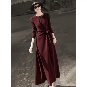 MEXCOCO 2025 Fall New Arrival Elegant Rhinestone Belted High-Low Dress for Women Formal Chic Long Sleeve Crewneck Basic Workwear