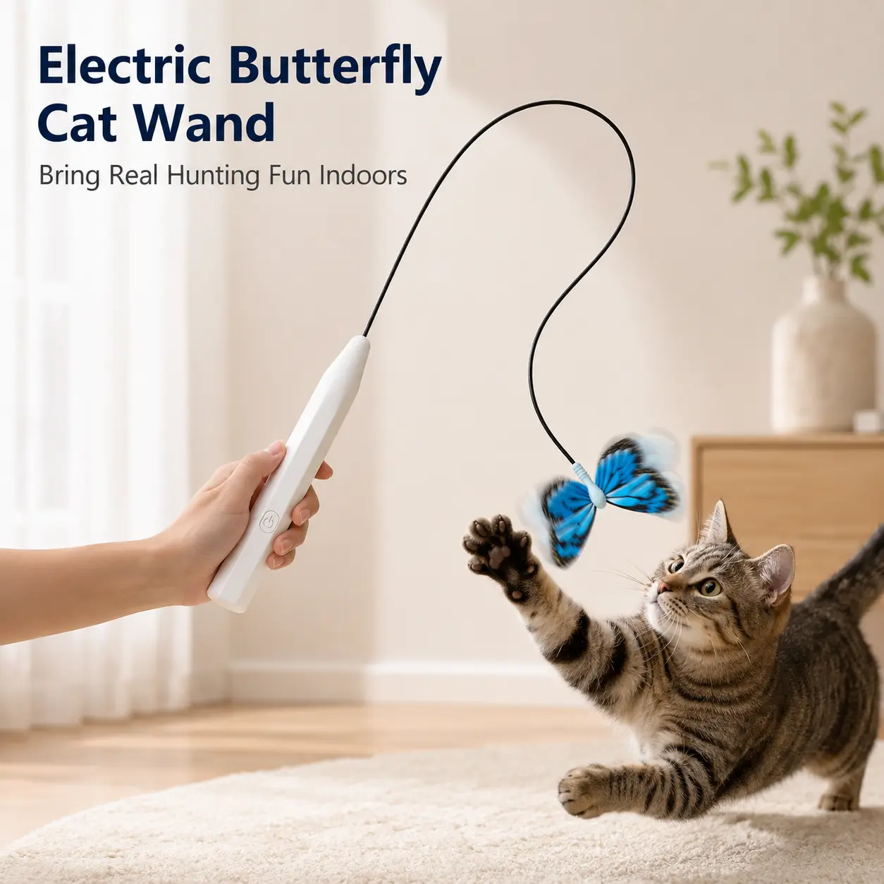 OmniPets Electric Butterfly Cat Wand USB C Rechargeable Handheld Interactive Cat Teaser With 90cm Flexible Wire For Indoor Cats And Kittens Daily Play