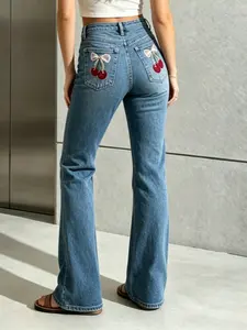 Women's High Waist Stretchy Flare Jeans with Cute Cherry Embroidery on Back Pocket, Bootcut Bottoms That Shapes Curves