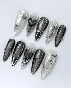 Gothic Chrome Press On Nails, Long Black and Silver Nails with 3D Heart, grunge nails, Goth press on nails, Gothic Nails, Chrome Black Nails