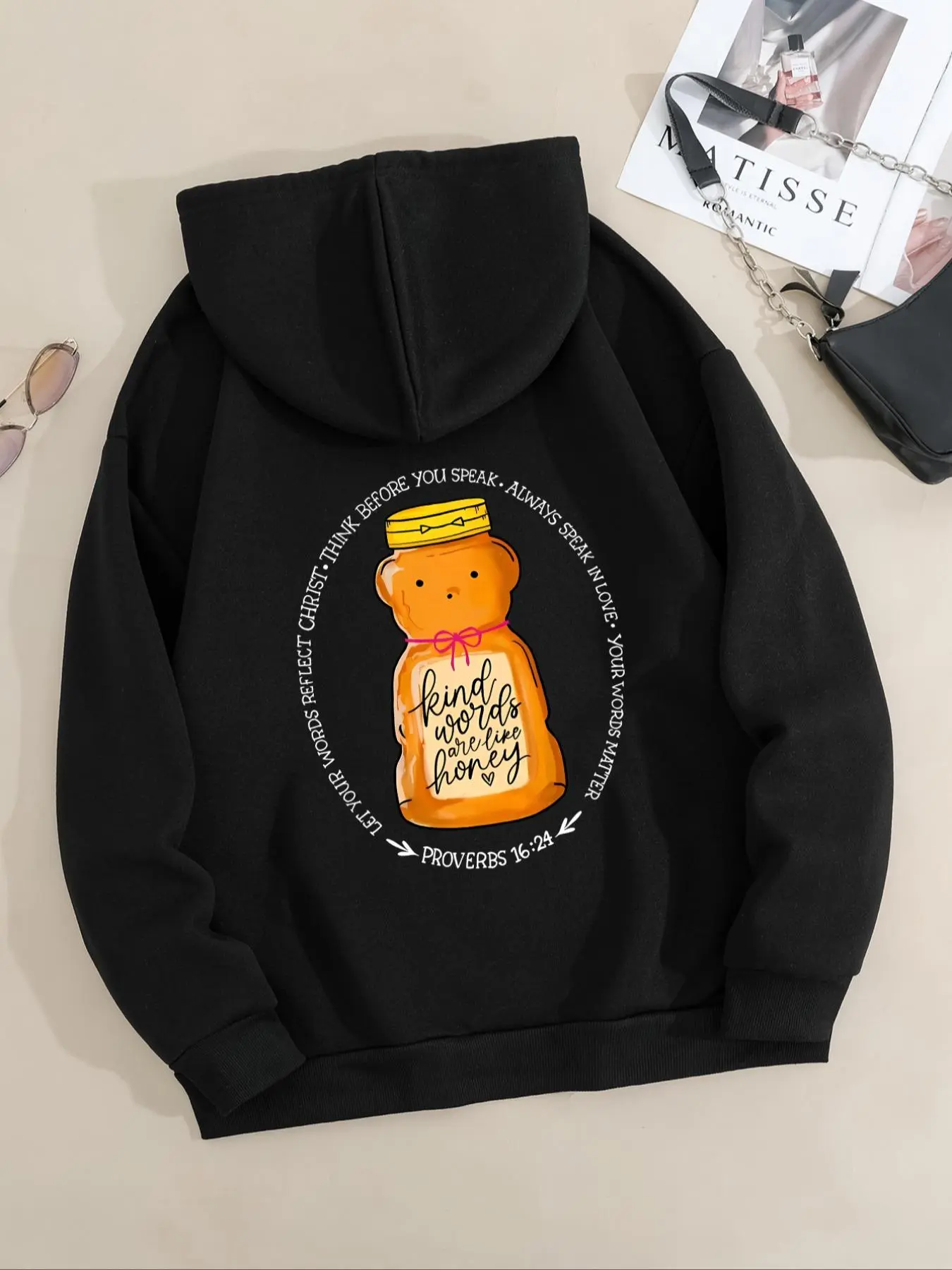 【Plus Size】 Winnie The Pooh Jar Print Hoodie, Casual Letter Print Long Sleeve Hooded Sweatshirt for Daily Holiday Outdoor Wear, Women Plus Clothing for Fall & Winter