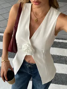 Women's Fashion Solid Color Soft Sleeveless V Neck Waist Cinching Rose Flower Vest, Vintage Elegant Commuter Casual Style