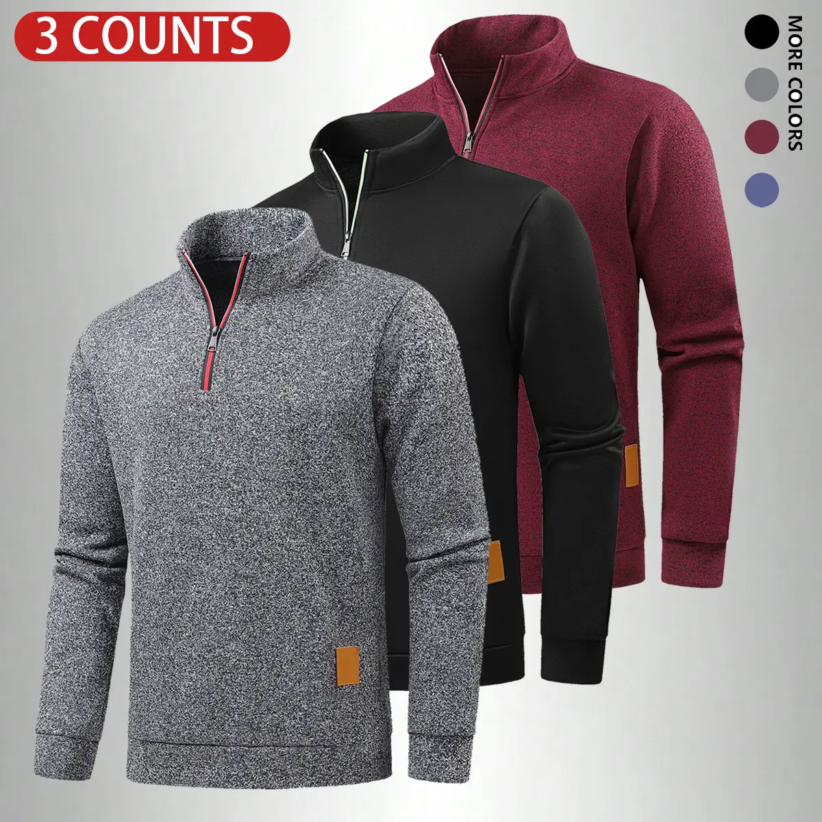 Men's 3-Pack Slim Fit Quarter-Zip Mock Neck Long Sleeve Plain Thermal Athletic Pullovers, Athletic Clothes for Hiking & Casual Wear, Casual Sports Tops