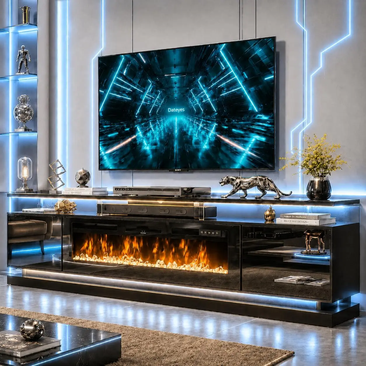 Jolydale 80 Inch Fireplace TV Stand for TVs up to 90", Black Entertainment Center with Black Electric Fireplace,Storage Cabinets&Adjustable LED Light, Media Console for Living Room
