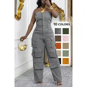 Trendy Strapless Cargo Overall Fashion – High-Waisted, Multi-Pocket & Edgy Street Style Womenswear Elegance Romper, Minimalist Sleeveless