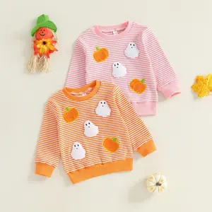 Toddelr Baby Boy Girl Halloween Outfit Pumpkin Outfit Baby Stripes Pumpkin and Ghost Embroidery Hoodie Pullover Waffle Knitted Crewneck Sweatshirt Fall Winter Clothes