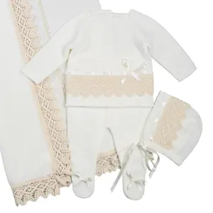 Newborn Baby Knitted Clothes, Coming Home 4 pc Set, Spanish Baby Knit Outfit with Blanket, Christening, Baptism, Shower Gift (Beige-1136)