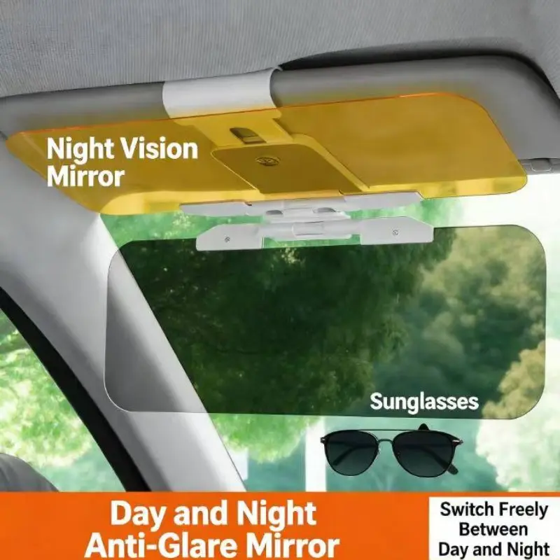 Universal 2-in-1 Car Anti-Glare Shield | Night Vision Anti-High Beam & Sun Visor Combo Solar Protection Sun Visor Protector Night Vision Mirror Lens for Safe Driving Visibility